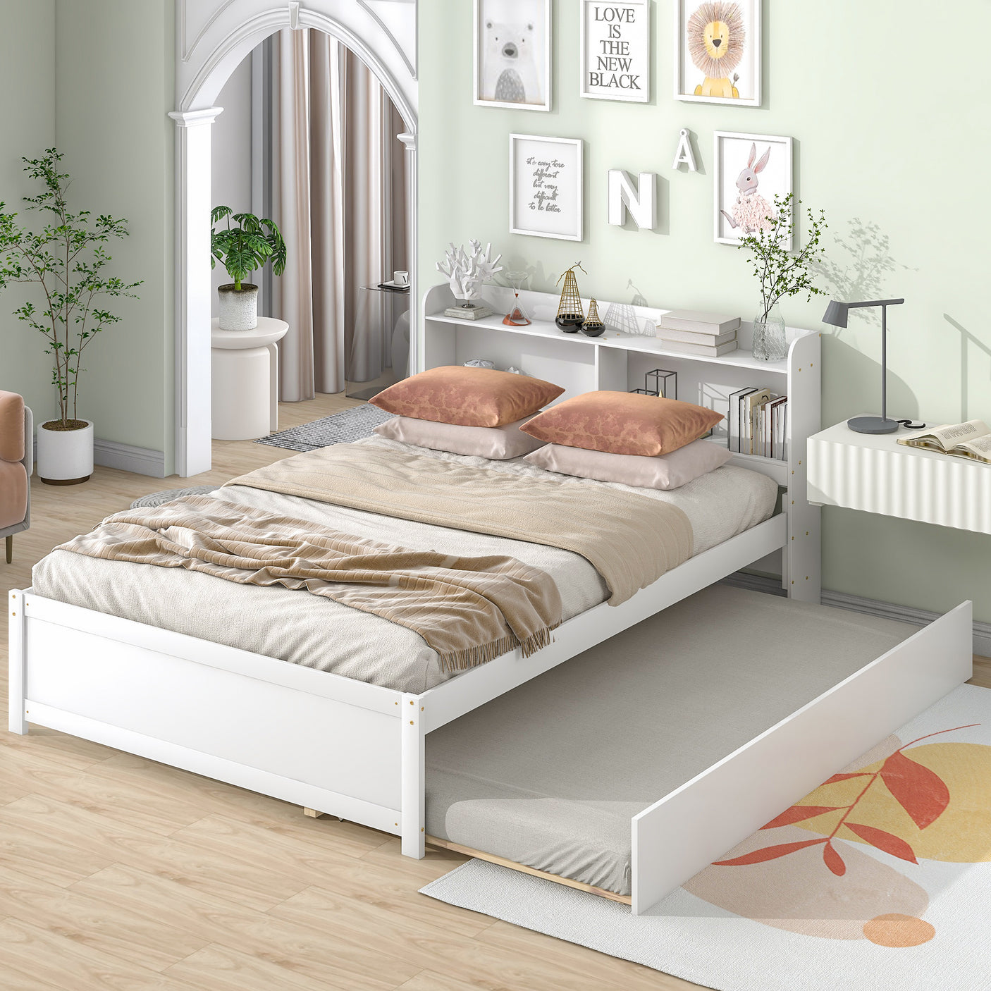Twin Size Trundle Bed with Bookcase for Kids
