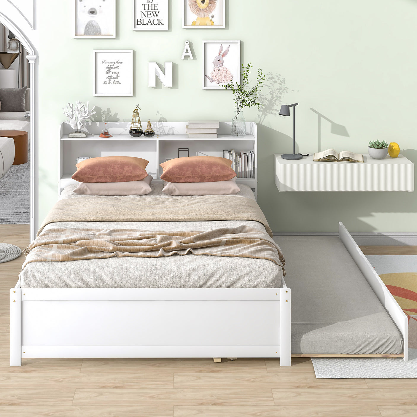 Twin Size Trundle Bed with Bookcase for Kids