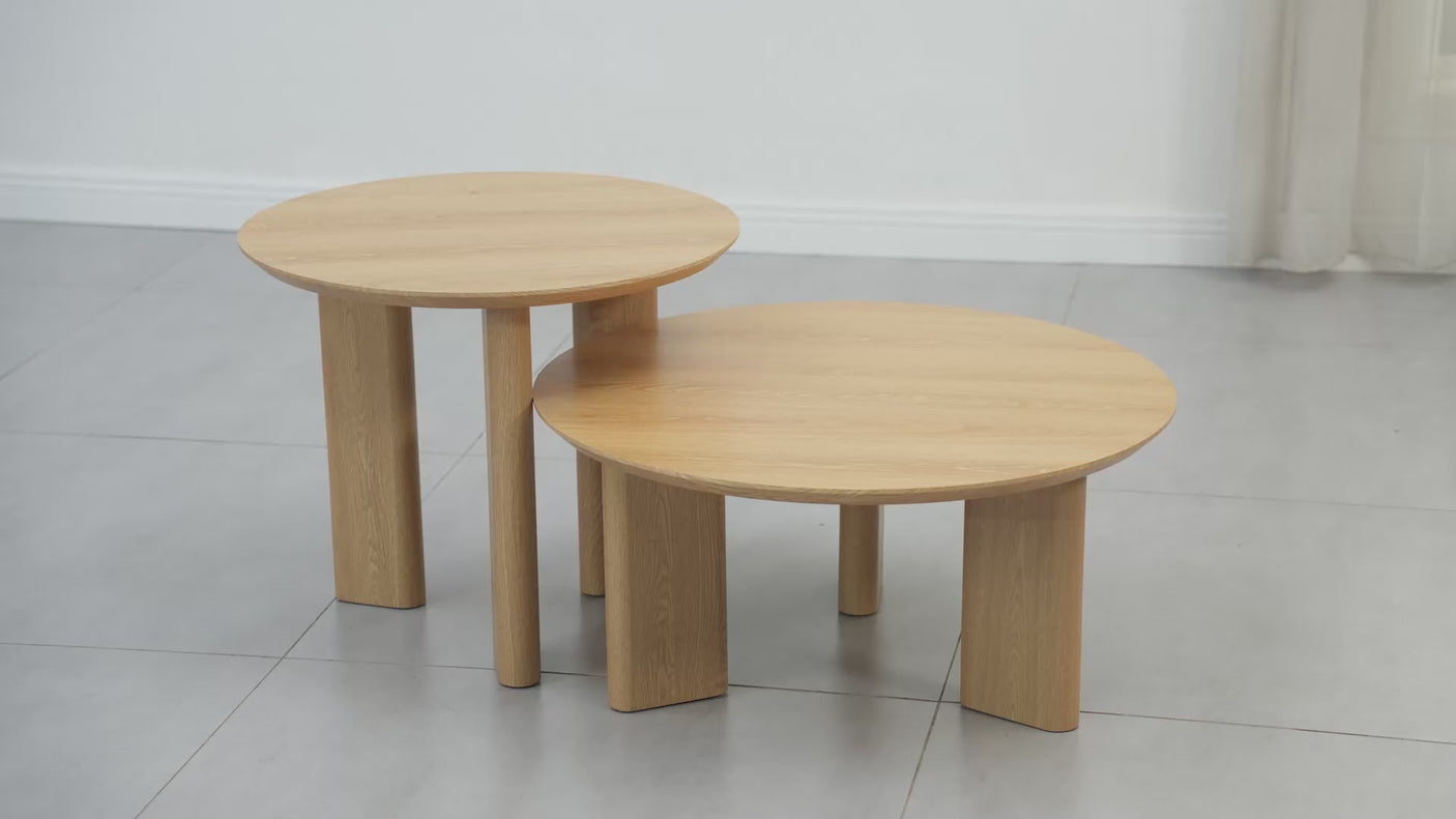 Nesting Coffee Table Set of 2 – Wood Veneer & Faux Marble | Round Mid Century Modern Center Table | Yechen Home