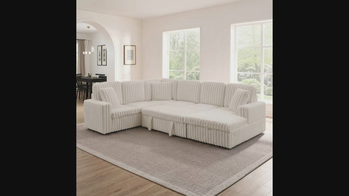 114" U-Shaped Sectional Sofa with Pull-Out Bed, Storage Chaise & USB Ports | Plush Corduroy, Seats 7