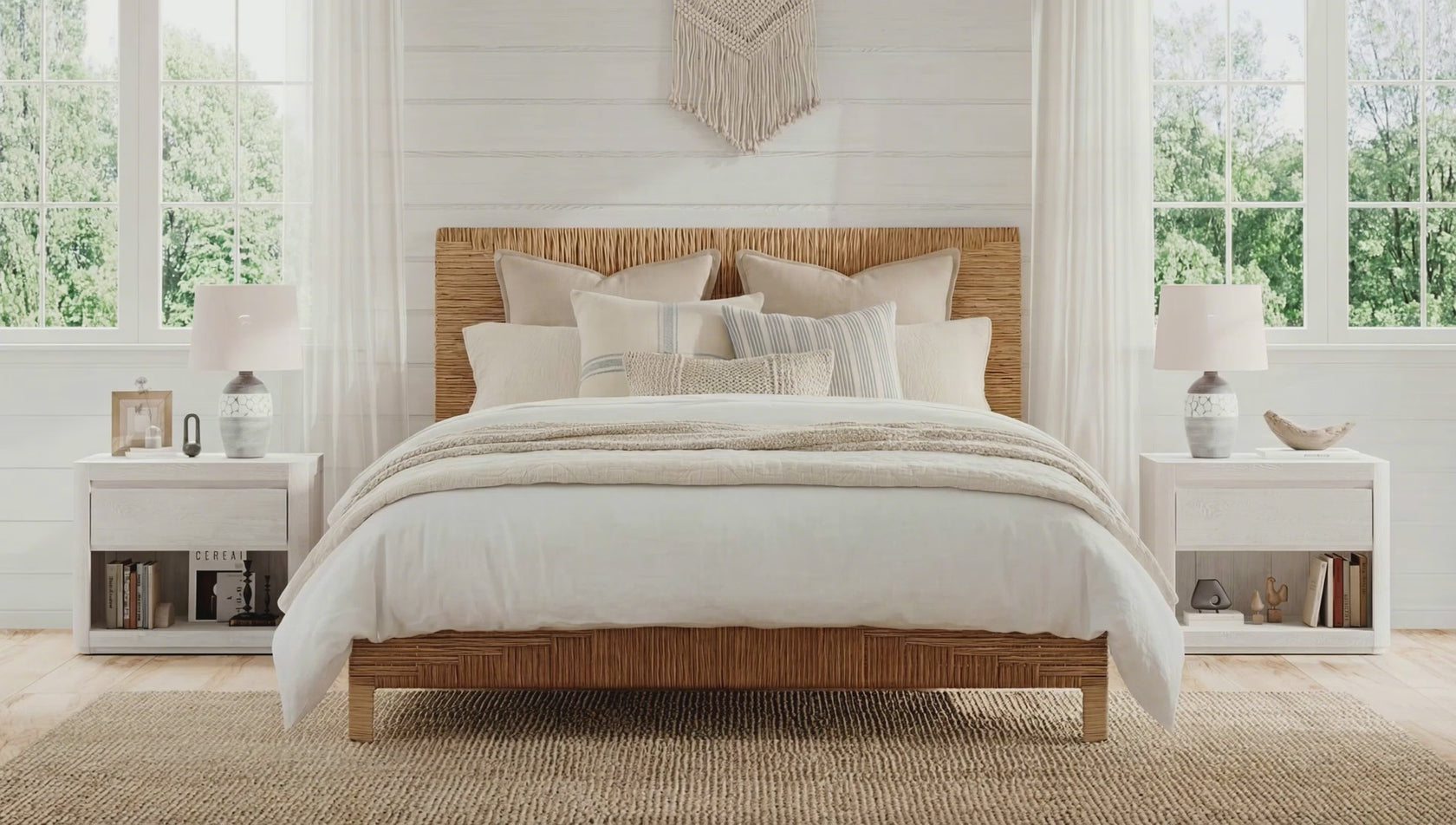 Yechen Home Handcrafted Rattan and Solid Wood Platform Bed Frame