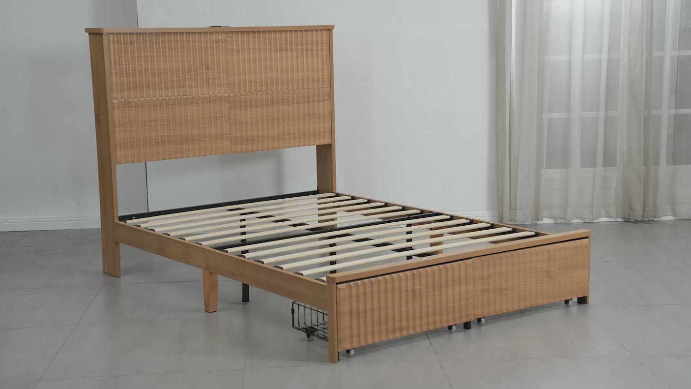Yechen Queen Boho Bed Frame with 55" Tall Headboard, 2 Storage Drawers & Charging Station, Solid Wood Legs, Noise Free, No Box Spring Needed