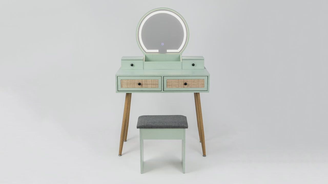 30" Vintage Makeup Vanity Table Set with Flip-Top Mirror & Rattan Drawers, Compact Dressing Table with Padded Stool
