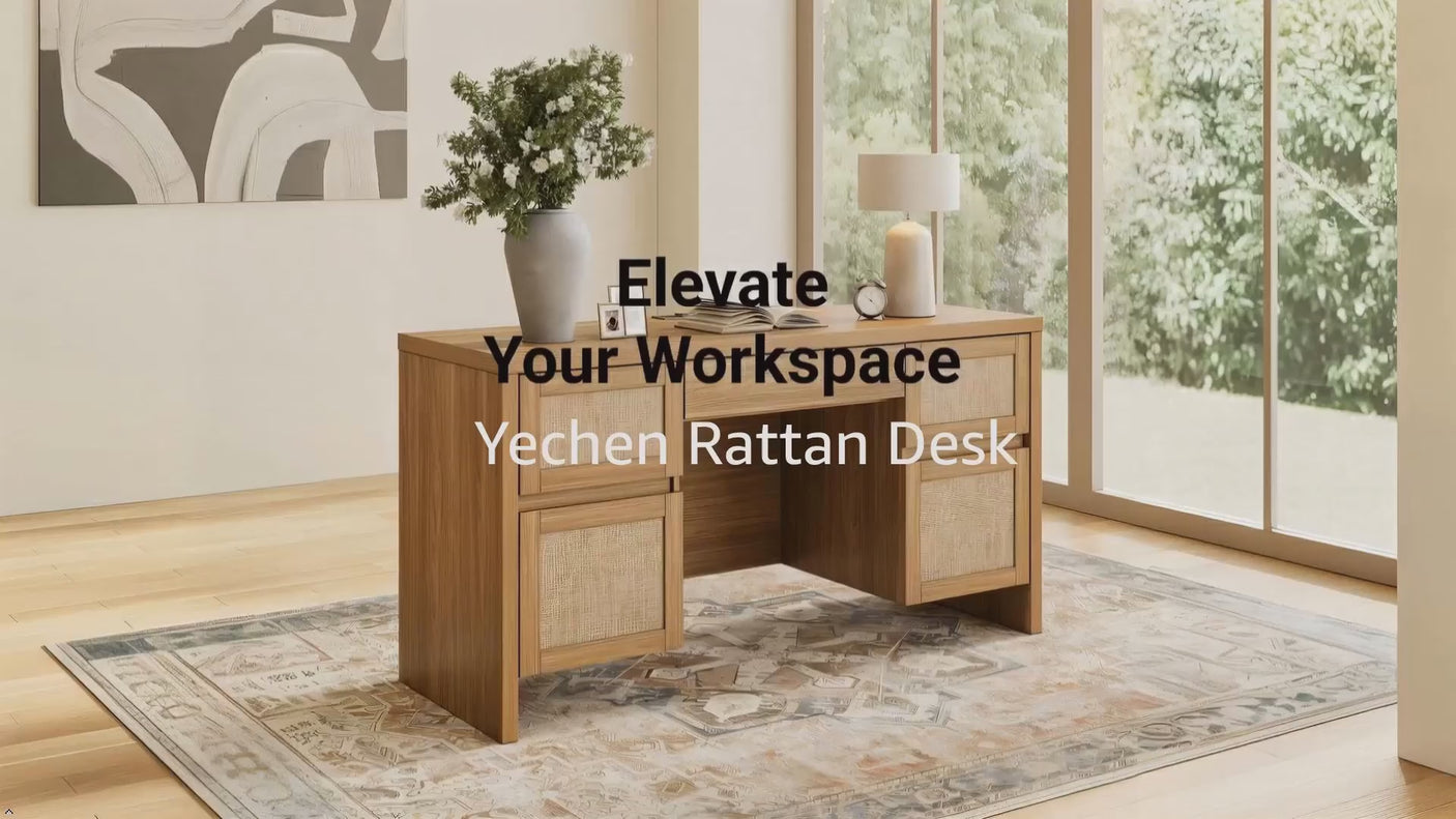 Yechen 57" Rattan Executive Desk — Built-in Charging Station, 5 Drawers & File Cabinet | Farmhouse Home Office