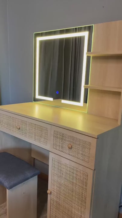Rattan Vanity Desk with LED Lights Mirror and Chair