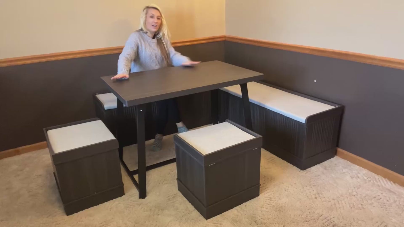 47 Inch Corner Dining Table Set with Storage Stool and Storage Bench