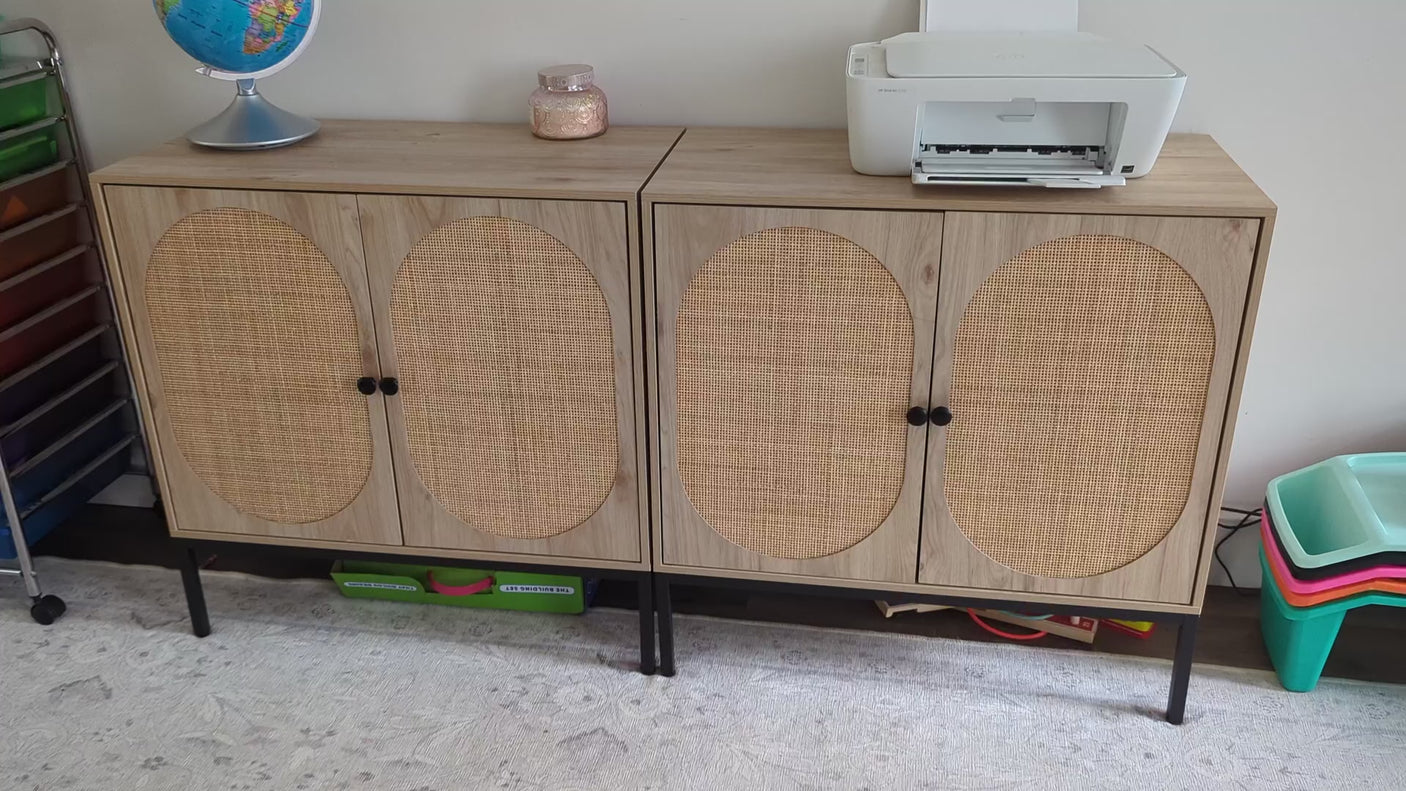 Natural Rattan Oval Sideboard Cabinet | Boho Buffet with Handwoven Doors & Adjustable Shelves