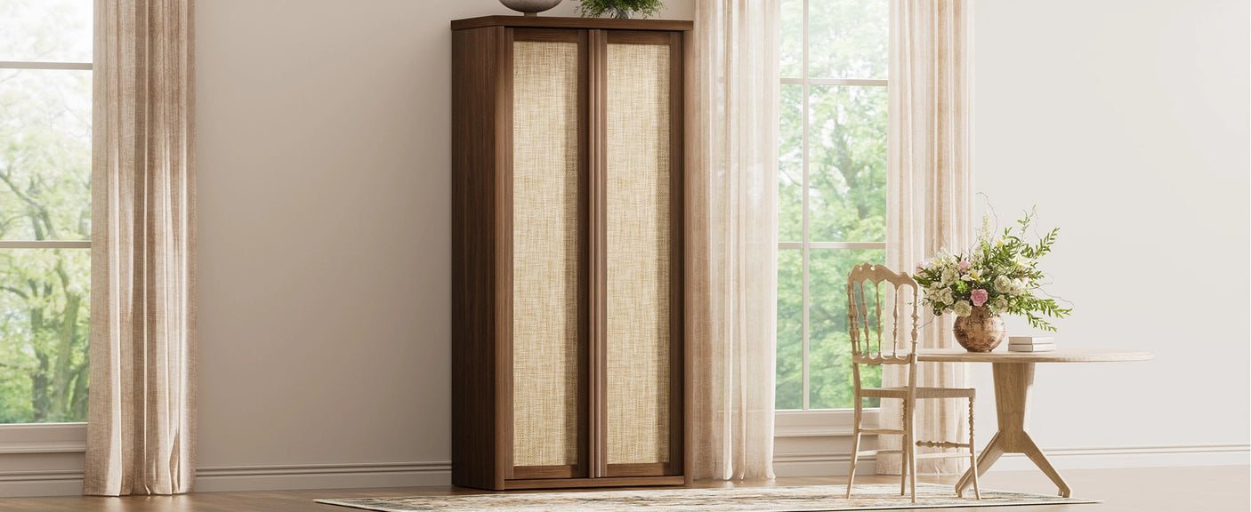 Yechen 67" Tall Kitchen Pantry Cabinet, Rattan Storage Cabinet with Solid Wood Integrated Handleand Adjustable Shelves, Cupboard with Doors for Livingroom,Dining Room, Dark Walnut