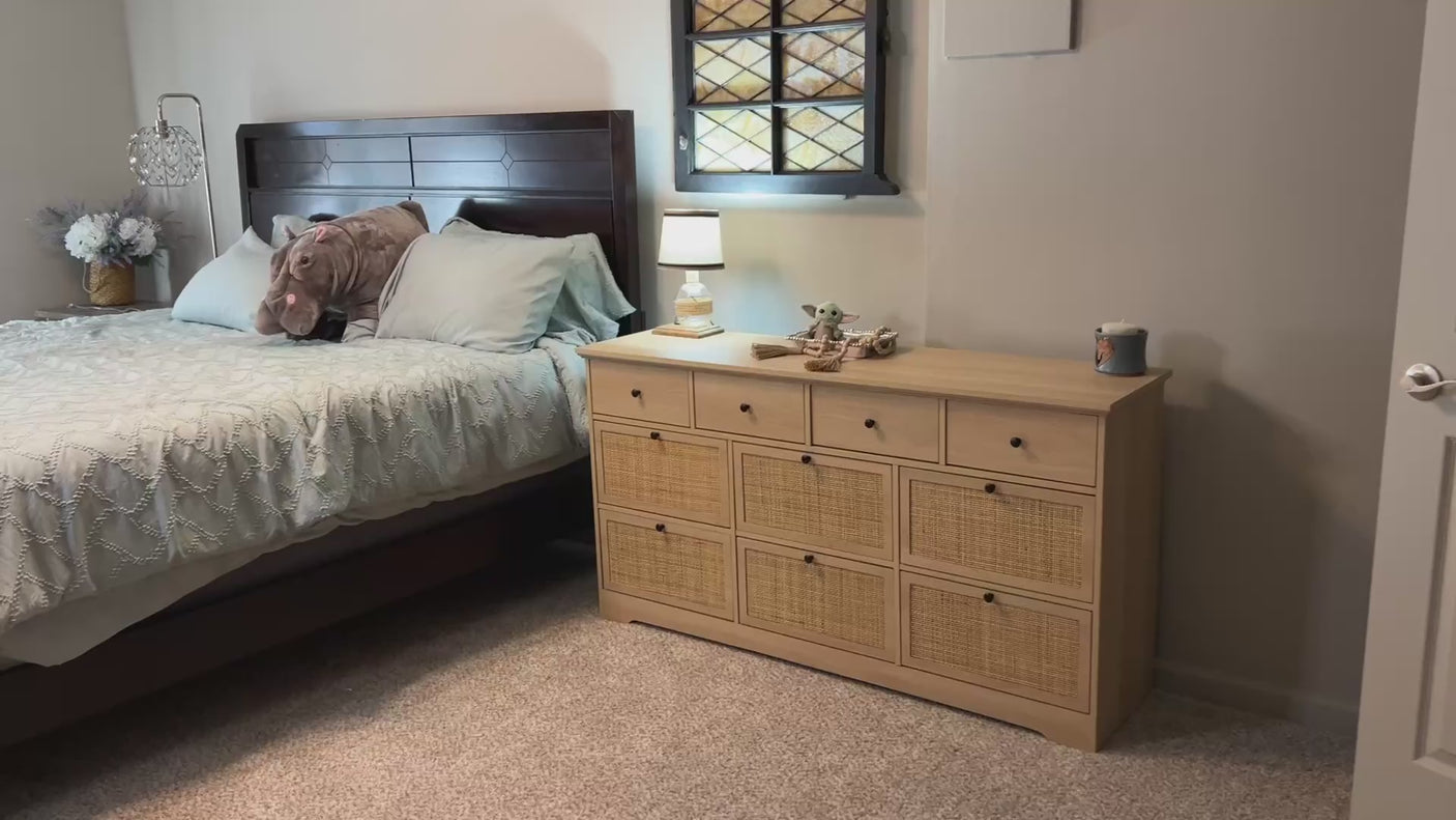 Yechen 59'' Wide Rattan Dresser - 10 Drawer Mid-Century Natural Wood Storage Cabinet
