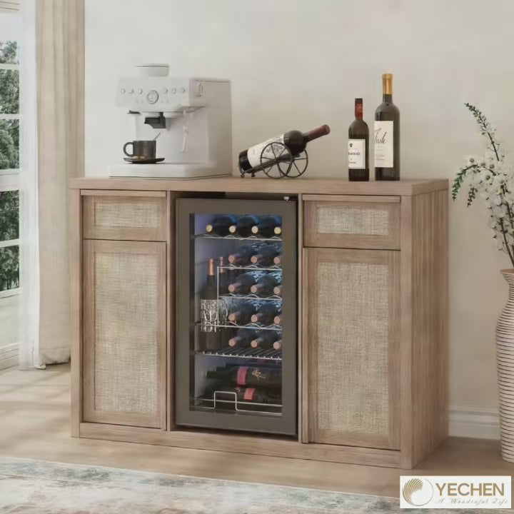 Rattan Coffee Bar Cabinet with Mini Fridge Space - Boho Sideboard with Wine Storage
