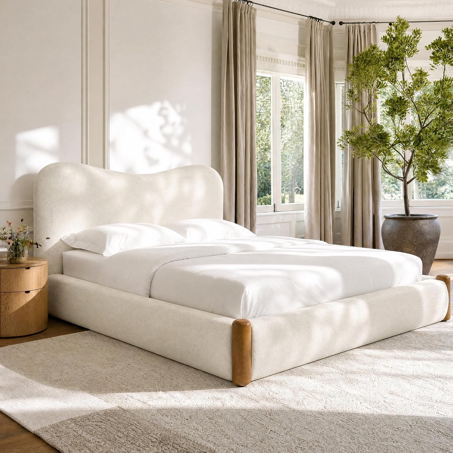 Cloud Bed Frame with Solid Wood Posts | 6-Inch Thick Headboard | 40.5" Tall Camelback Curved Headboard | Upholstered Platform Bed | Queen & King 37