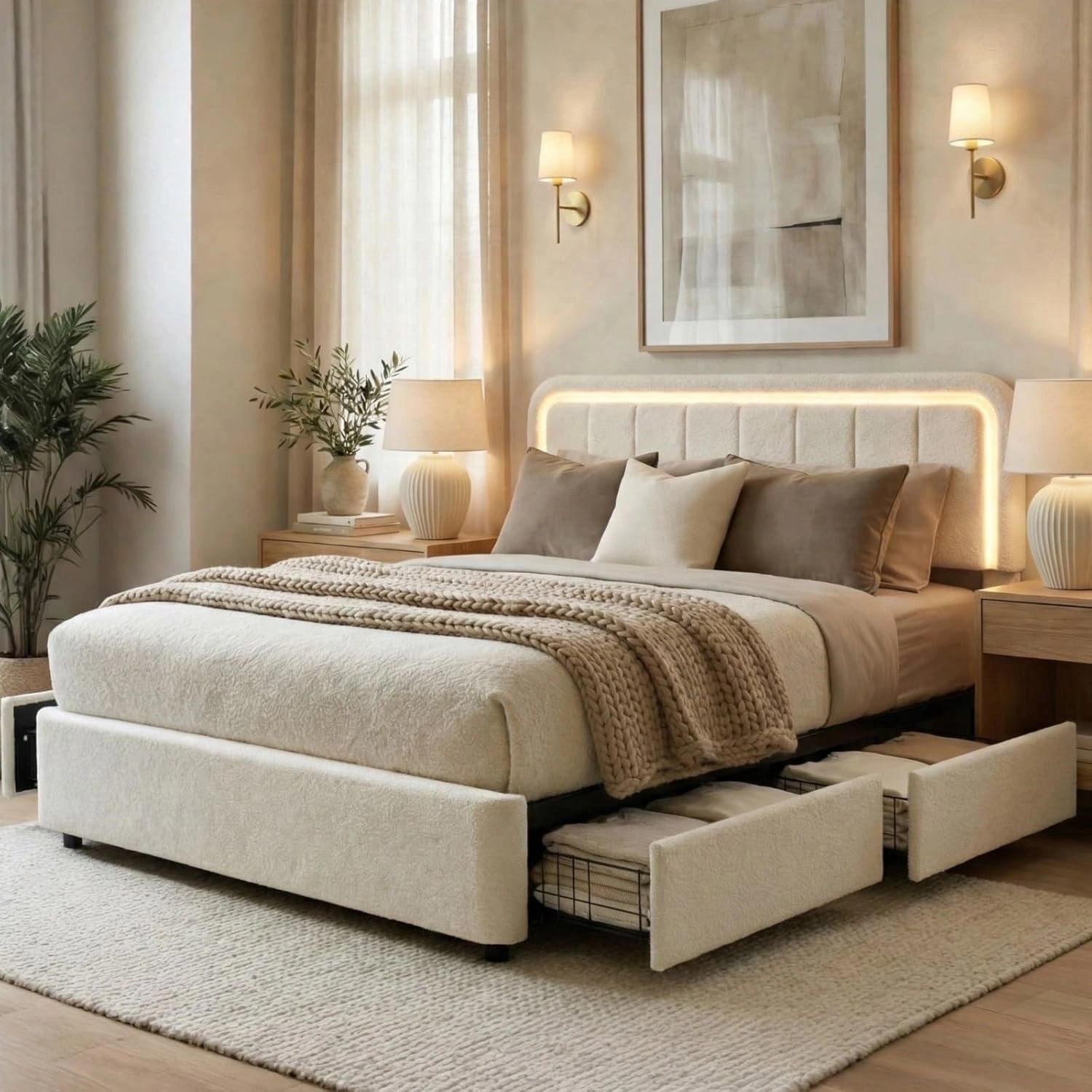 Yechen Luxe Bouclé Platform Bed Frame with Integrated Smart LED Lighting