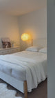 Yechen Platform Bed Frame with Chenille Headboard | FSC Pine Wood | Queen & King | White