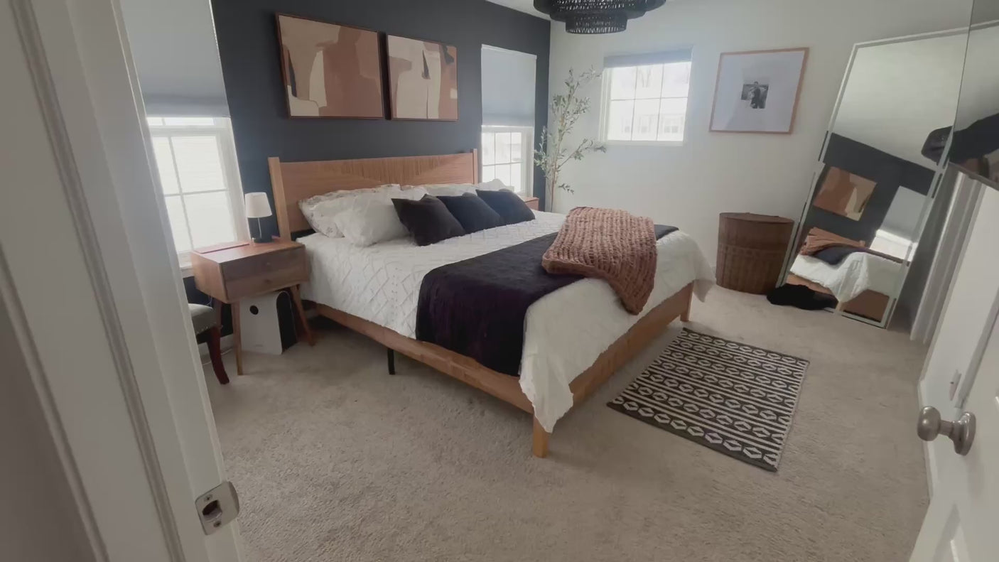 Yechen Solid Wood Rattan Bed Frame | Tall Headboard, Boho Mid-Century Style, No Box Spring Needed