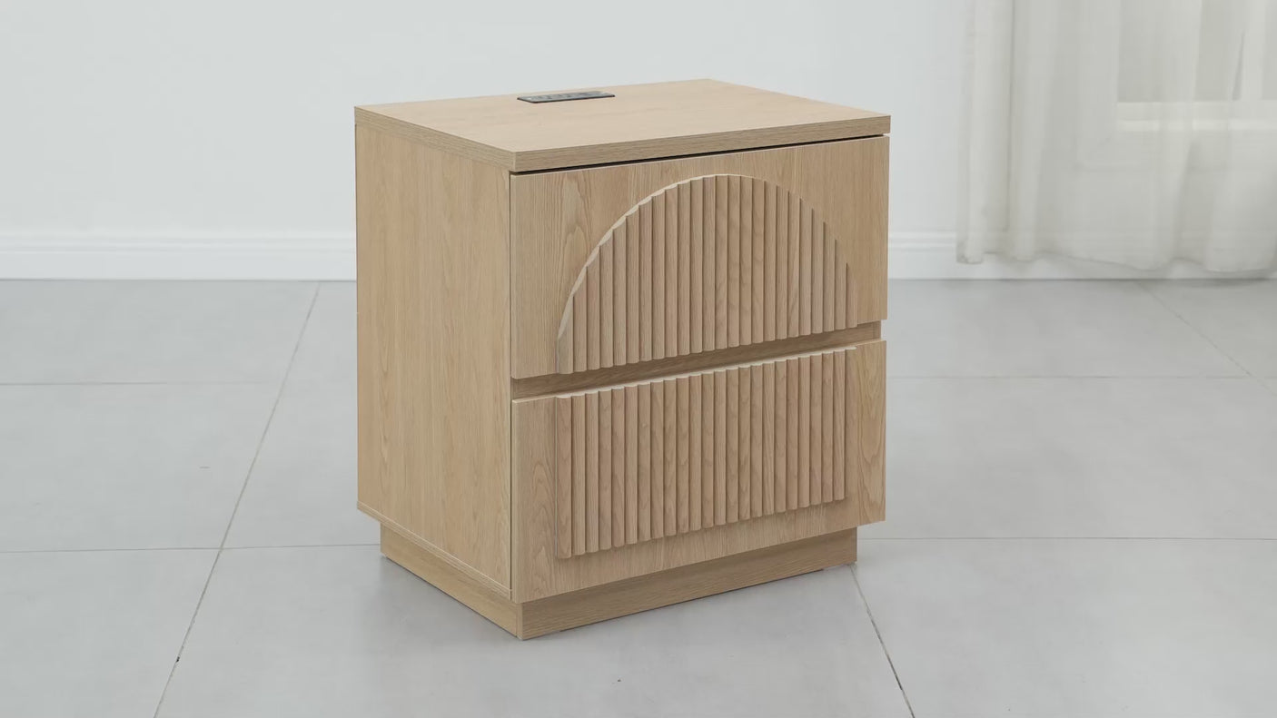 Yechen Modern Fluted Nightstand with Storage, Arched Reeded Night Stand with Charging Station, Bedside Table for Bedroom, Walnut