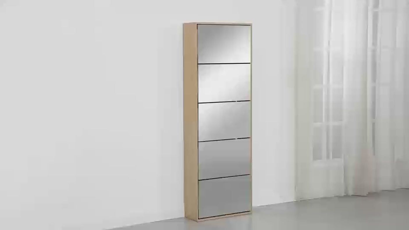 Yechen Mirror Shoe Cabinet with 5 Flip Drawers | Entryway Shoe Rack Storage Organizer for Front Door, Foyer & Hallway