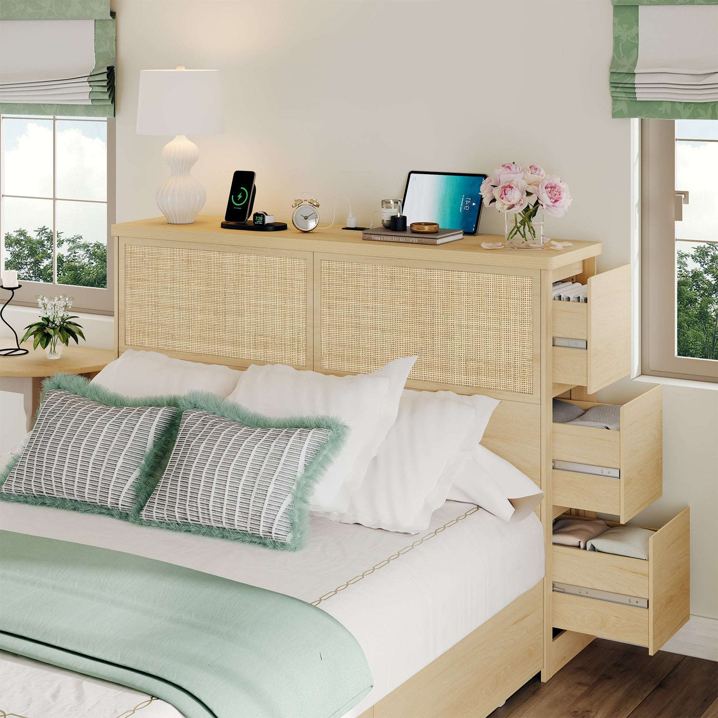 Boho Rattan Queen Beds Frame with Charging Station Headboard