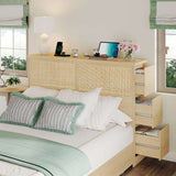 Boho Rattan Queen Beds Frame with Charging Station Headboard
