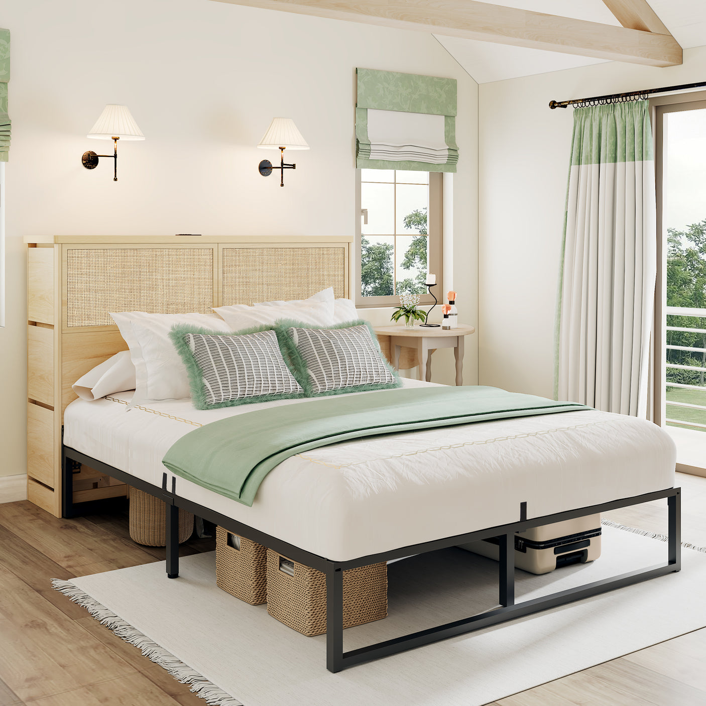 Boho Rattan Queen Beds with Charging Station Headboard