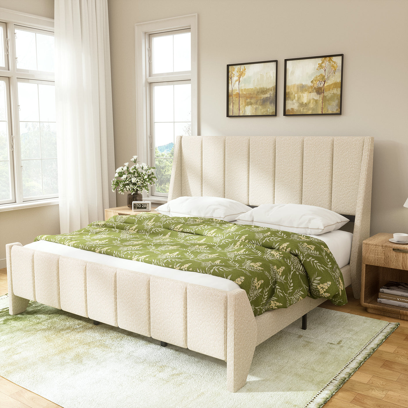 Yechen Boucle Upholstered Bed Frame Wingback Bed with Enclosed Design