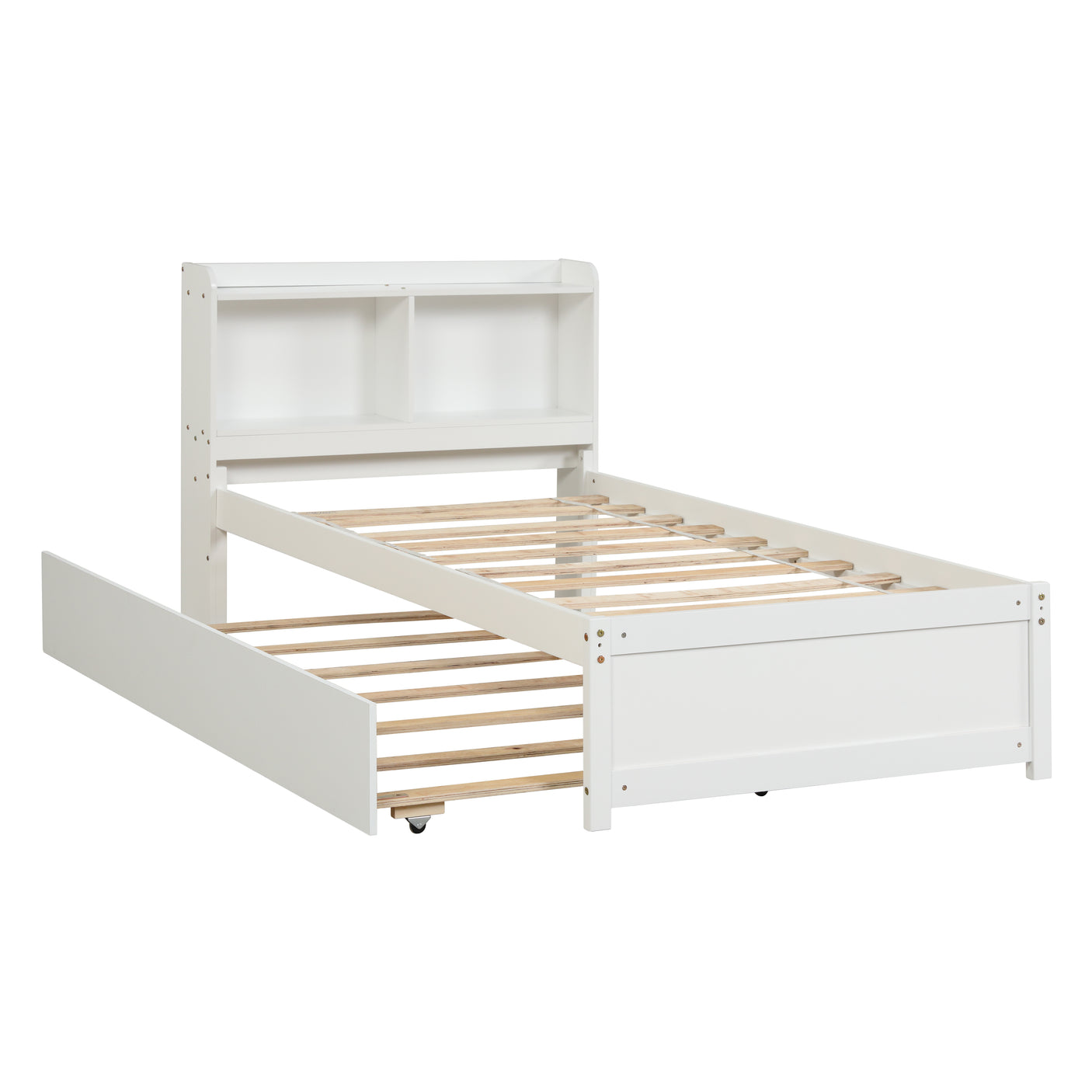Twin Size Trundle Bed with Bookcase for Kids