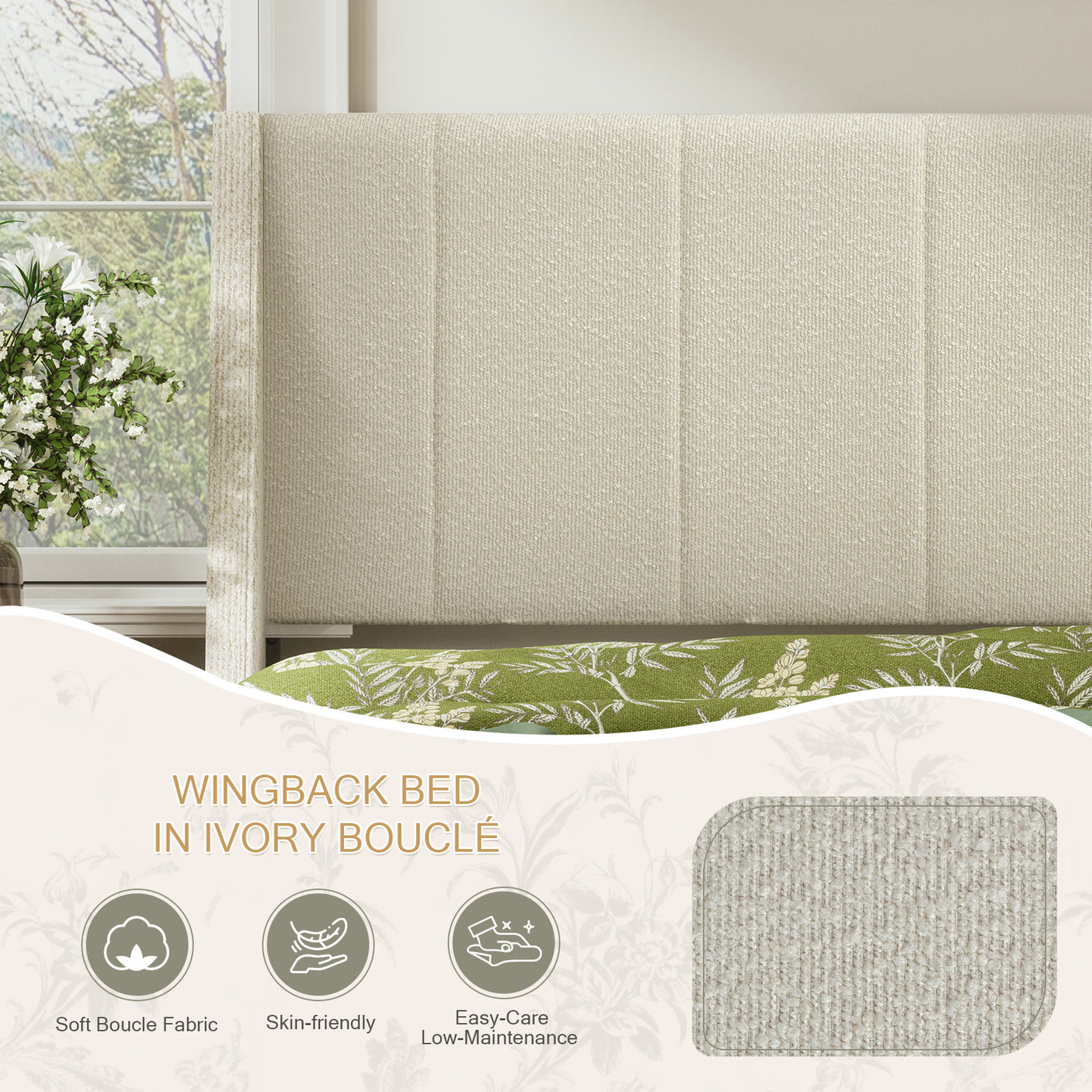 Yechen Boucle Upholstered Bed Frame Wingback Bed with Enclosed Design