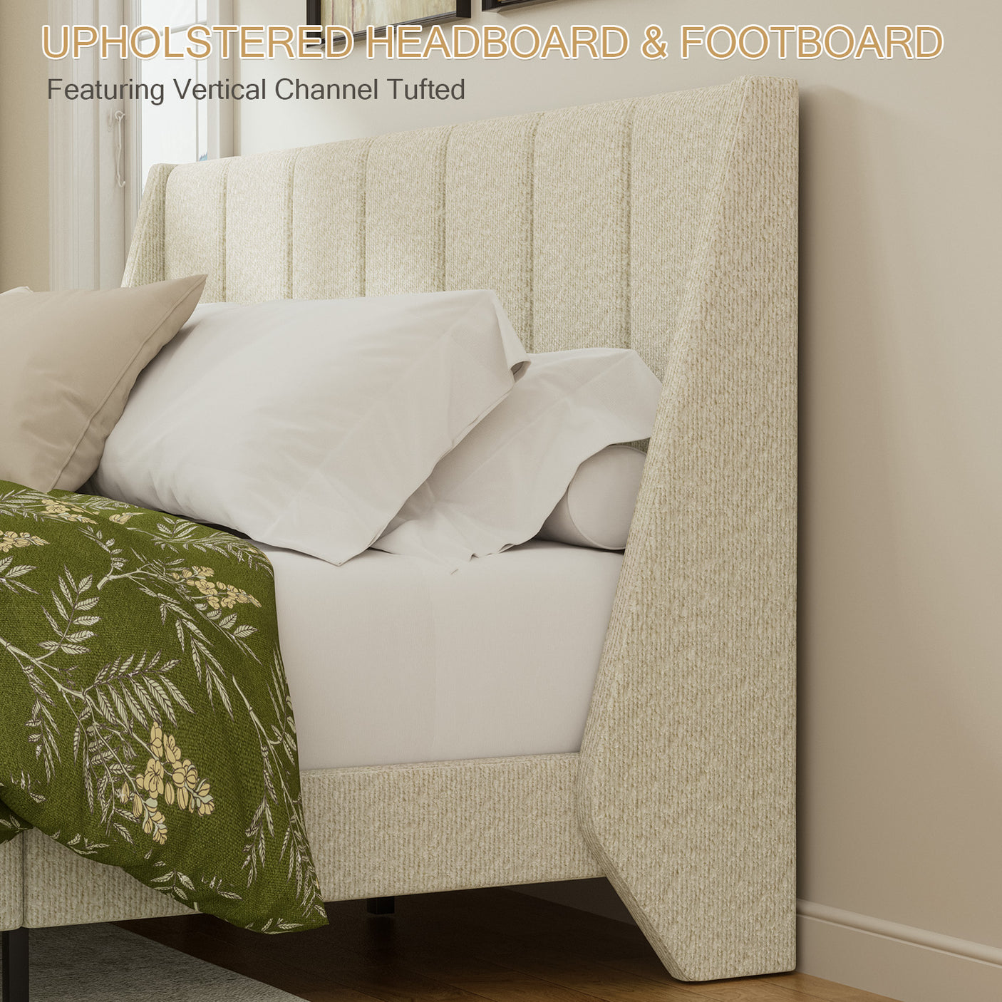 Yechen Boucle Upholstered Bed Frame Wingback Bed with Enclosed Design