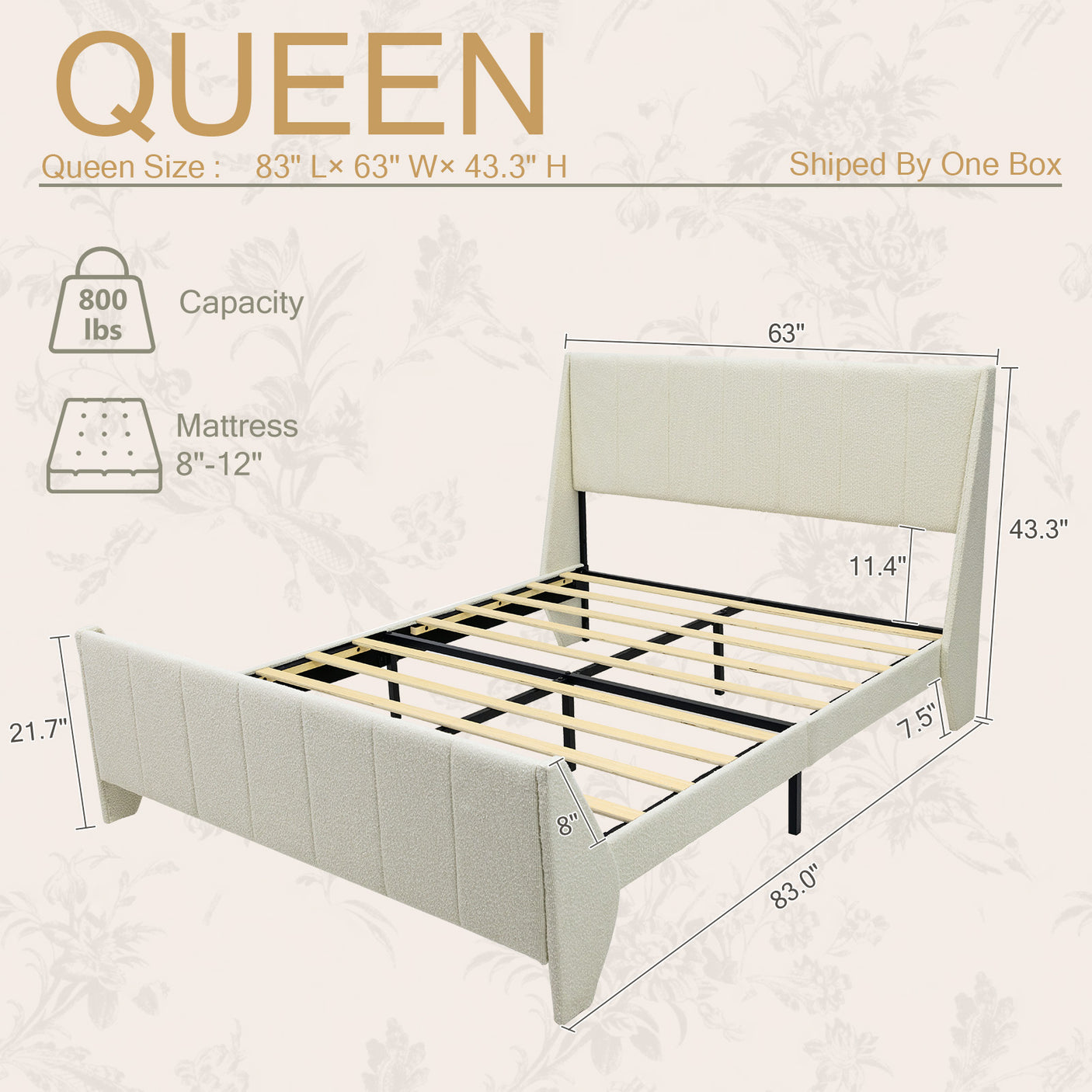 Yechen Boucle Upholstered Bed Frame Wingback Bed with Enclosed Design